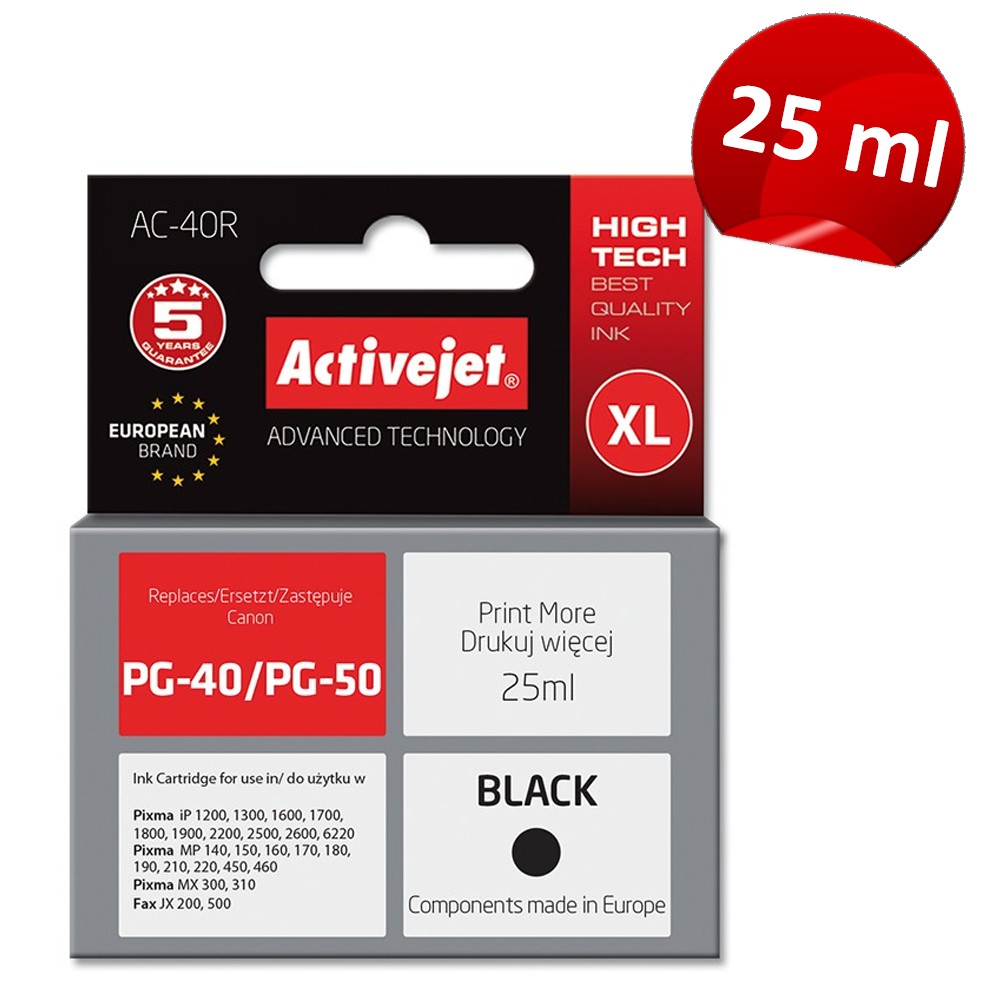 Cartus compatibil PG40 PG50 Black pentru Canon, 25 ml, Premium Activejet, Garantie 5 ani ActiveJet