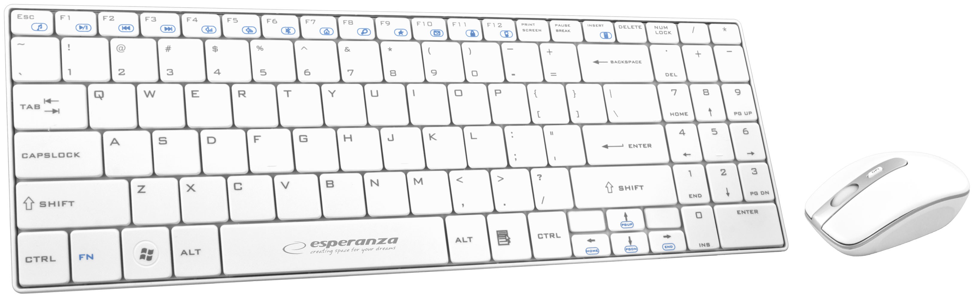 Kit tastatura si mouse Bluetooth 2,4Ghz Esperanza Liberty, USB, 4 butoane, 800/1200/1600dpi, alb 24Ghz