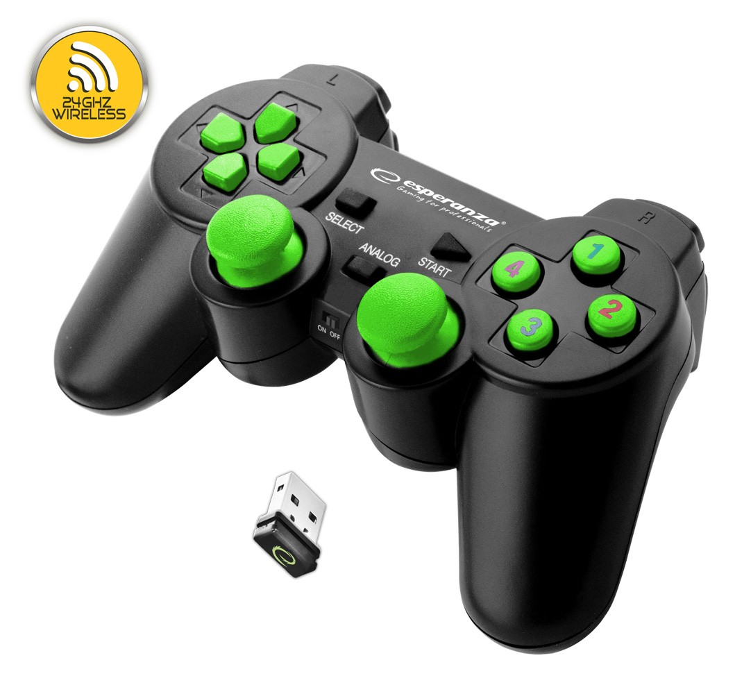 Controller wireless 2.4Ghz PS3/PC Esperanza Gladiator, USB, 12 butoane, negru/verde 2.4GHz