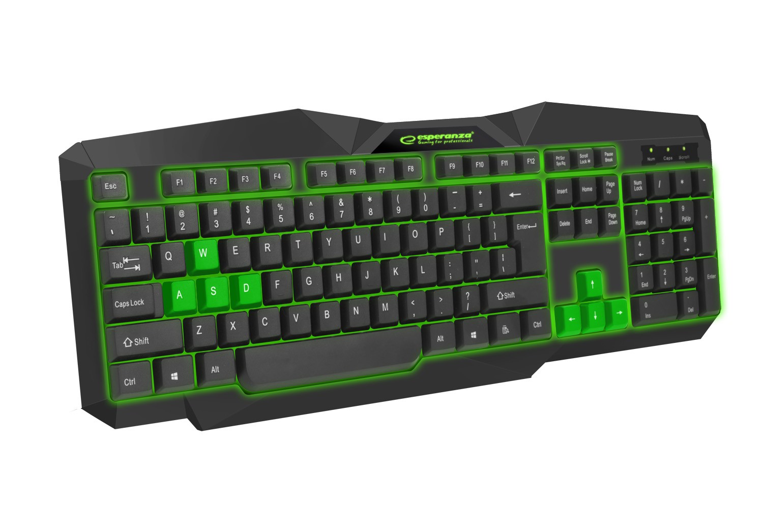 Tastatura gaming cu fir Esperanza Tirions, USB, iluminare led, 10mA, 5V/0,25V, 45 x 17,5 x 26 cm, negru/verde 10mA