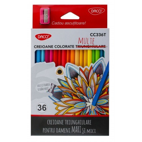 Creioane colorate, set 36 culori, corp triunghiular, mina 3 mm, ascutitoare inclusa