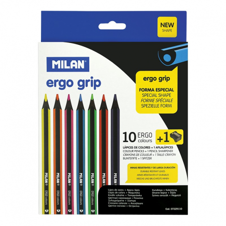 Set 10 creioane colorate, forma ergonomica, mina lucioasa, ascutitoare inclusa