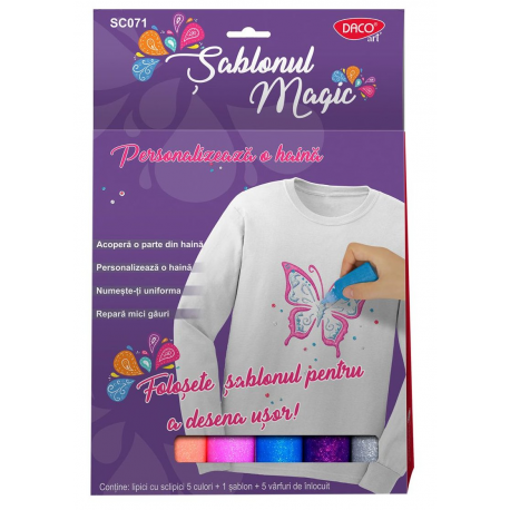 Set creativ, personalizare haine si accesorii, sablon magic forma fluture, 5 culori accesorii