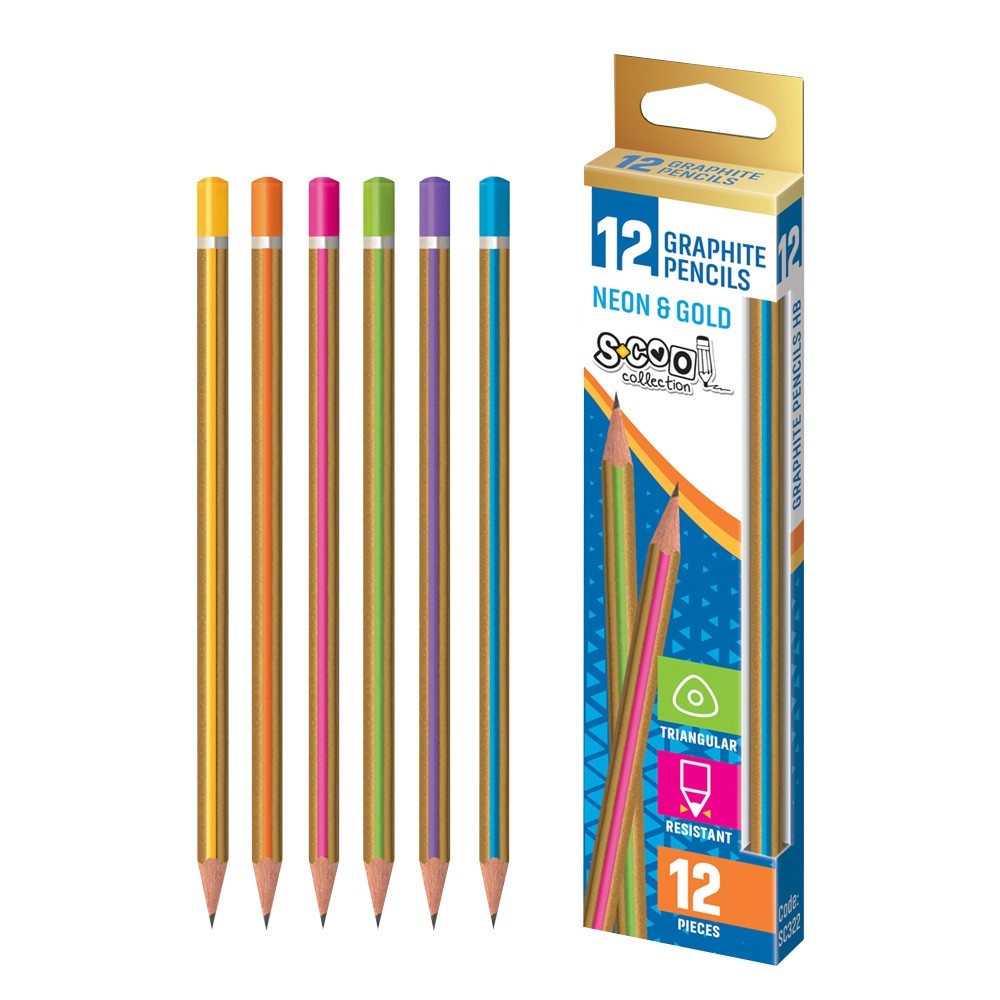 Creion grafit HB, neon gold, forma triunghiulara, set 12 bucati bucati