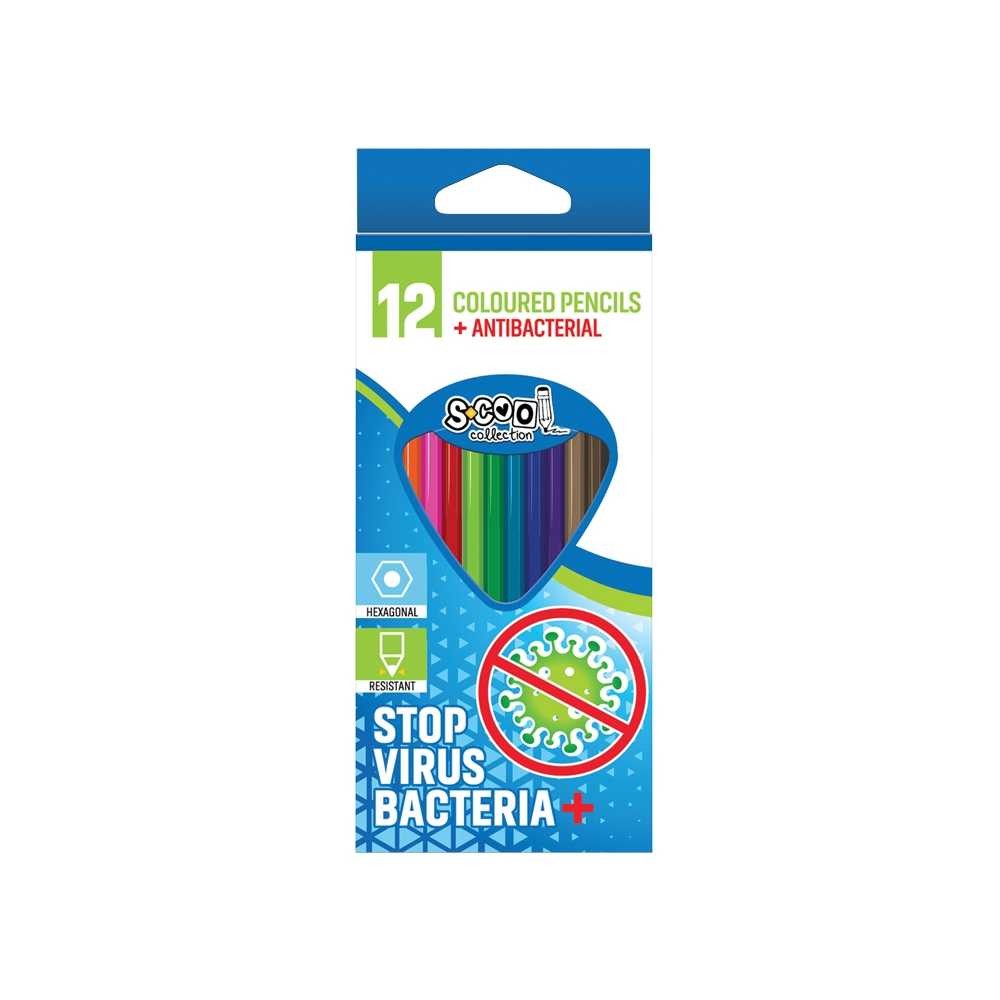 S-cool Set 12 creioane colorate, antibacteriene, forma hexagonala, grosime mina 3 mm