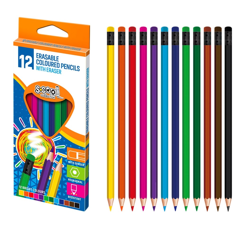 S-cool Creioane colorate cu radiera, forma hexagonala, mina rezistenta, set 12 bucati
