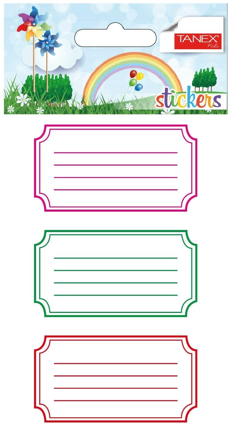 Set 12 etichete scolare colorate, autoadezive, dimensiune 4.1x8 cm
