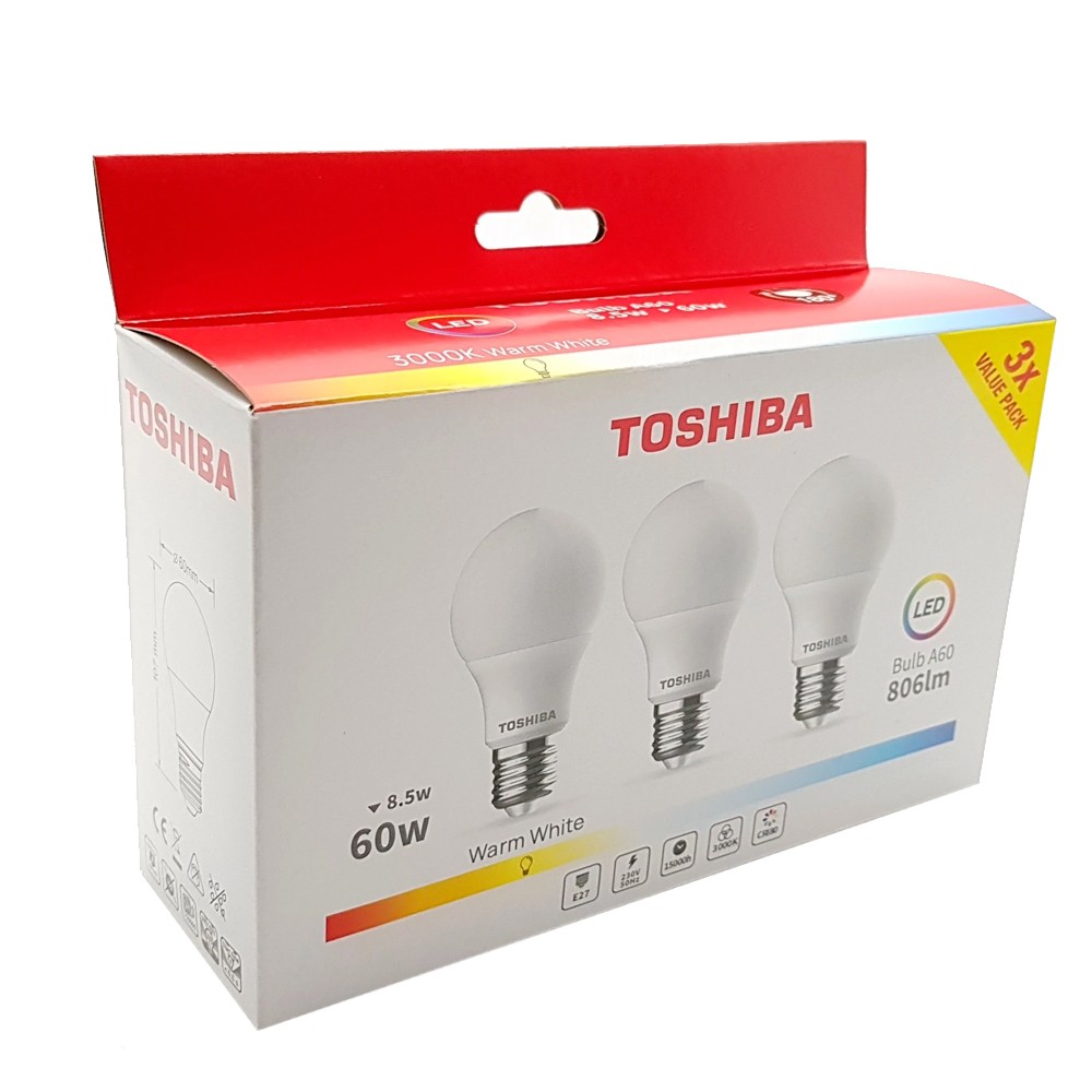 Becuri cu LED A60, putere 8.5W, E27, alb cald, Toshiba, set 3 bucati cartuseria.ro imagine 2022 depozituldepapetarie.ro