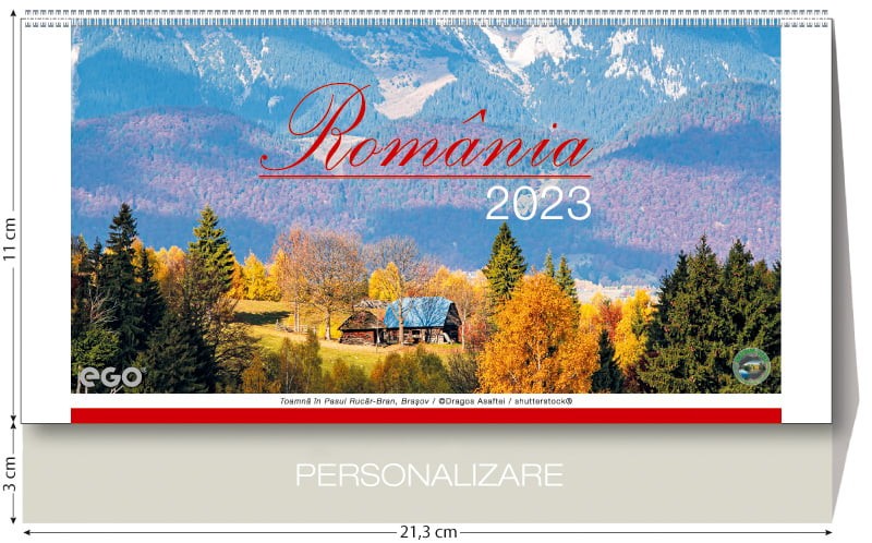 Calendar de birou, an 2023, imagini romania, personalizabil, 13 file, spira metalica