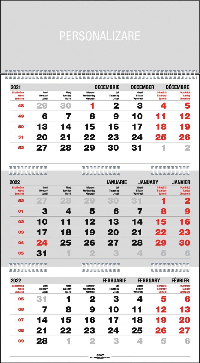Calendar de perete triptic, personalizabil, 12 file, hartie offset 90 g/mp, gri, 33 x 48 cm Agende