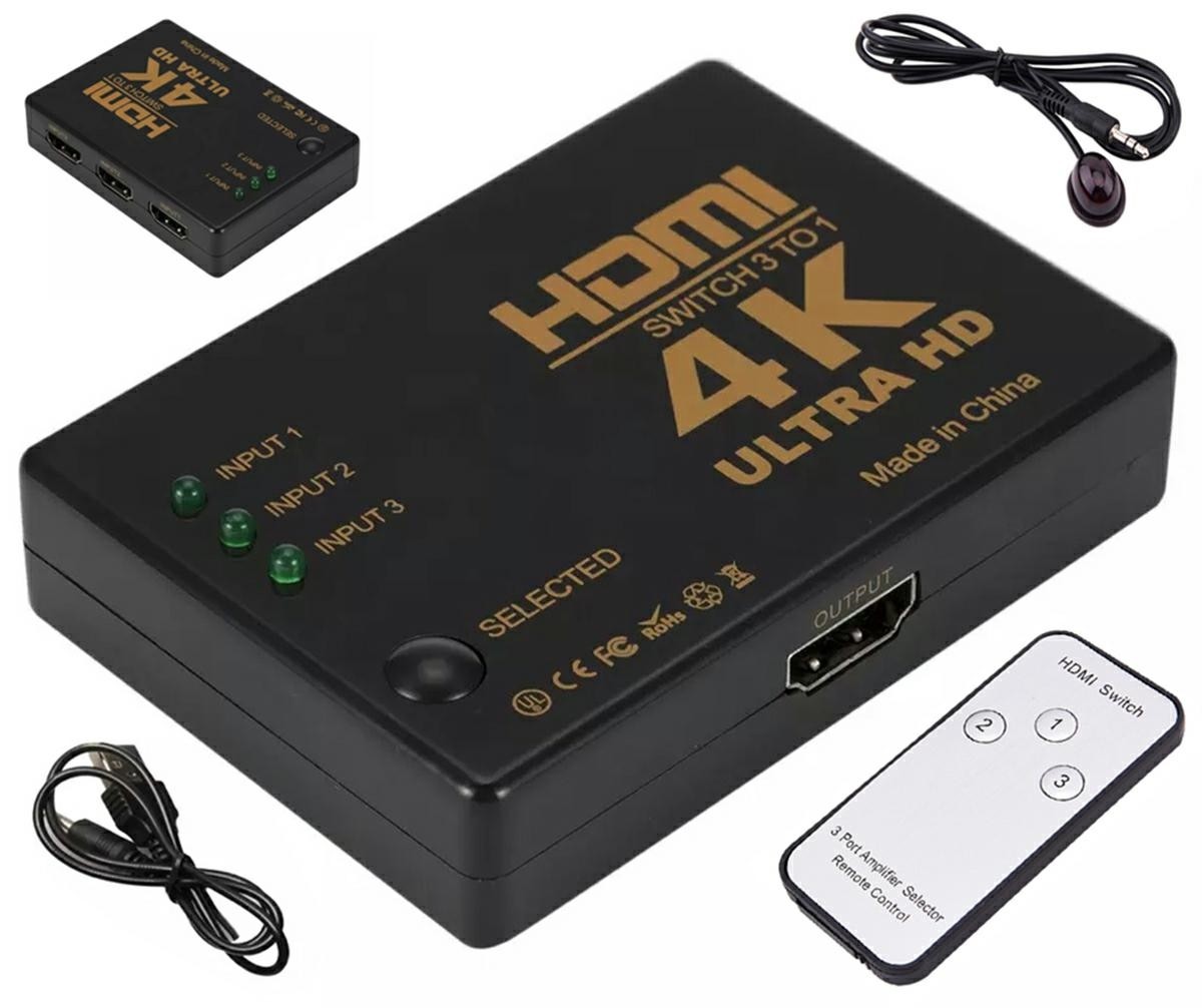 Pro Cart Splitter hdmi cu telecomanda, 3 porturi, full hd, 4k, 19 pini, 50/60hz, 5v, 80g, 8 x 5,7 x 1,7cm, negru