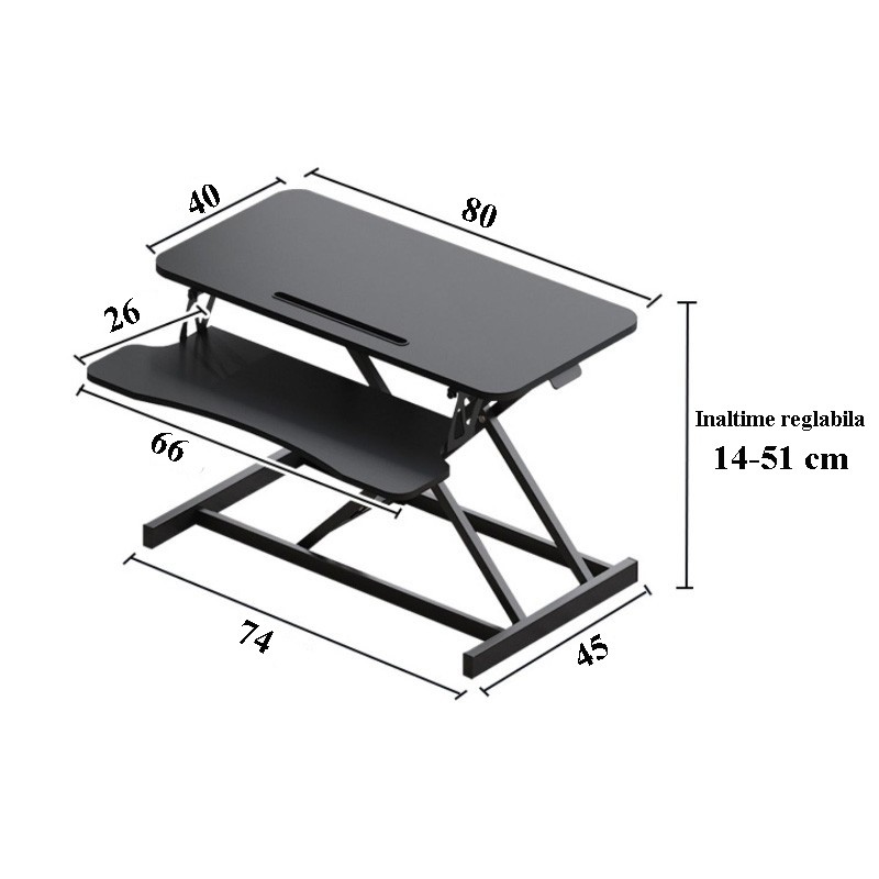 Masa ajustabila de birou Sit-Stand, lucru in picioare sau sezut, inaltime reglabila 14-51 cm, suport smartphone, cadru forma X - imagine 7