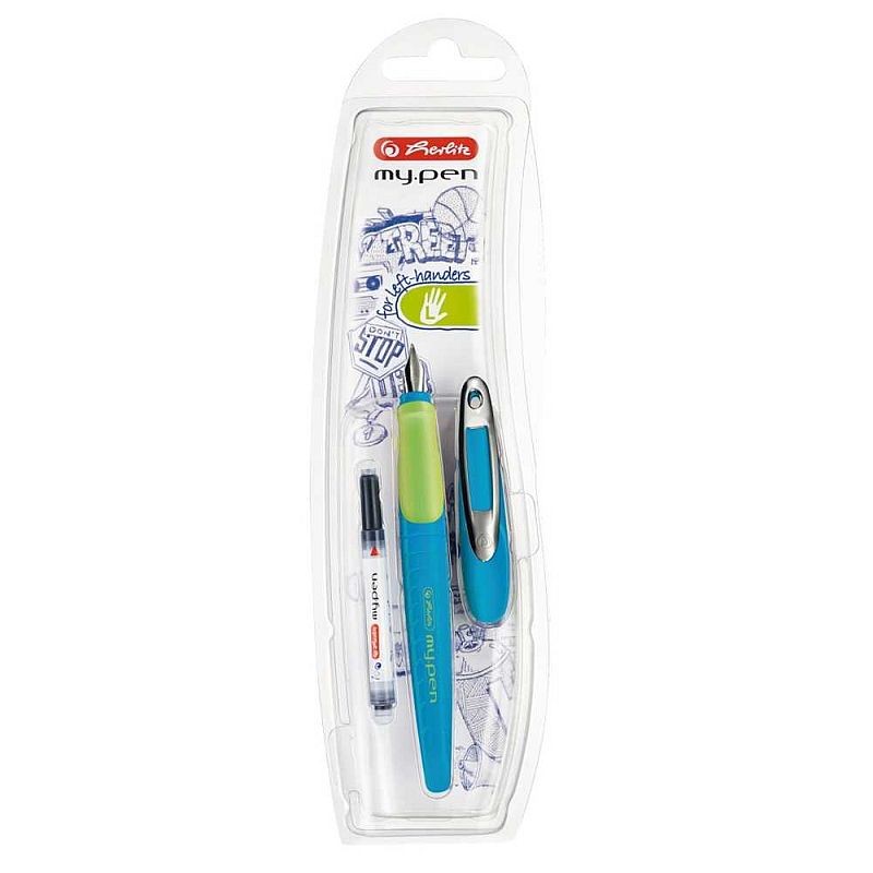 Herlitz Stilou my pen, penita l, zona ergonomica, clips metalic, albastru-verde neon