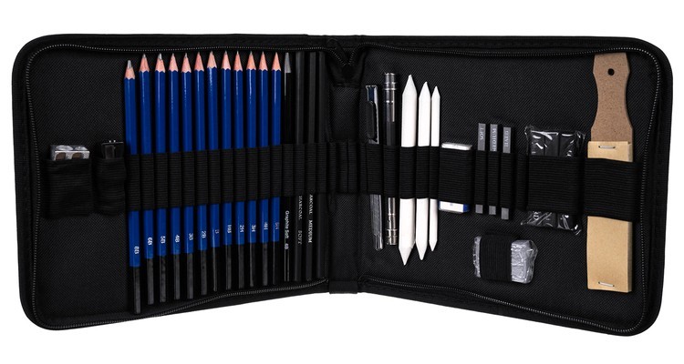 Set creioane pentru schite, universale, 32 piese, ascutitoare, radiera, carbune, grafit, 473g, negru