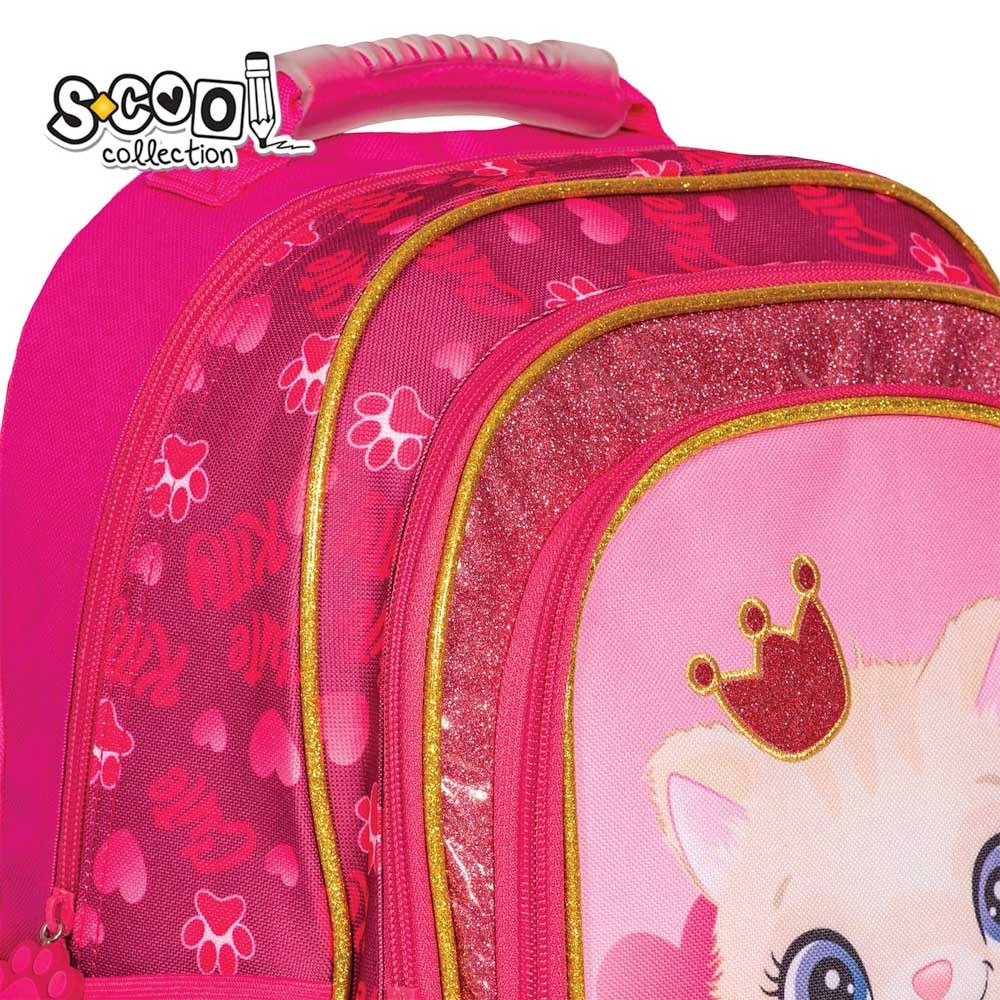Ghiozdan ergonomic CUTE KITTY, 6-11 ani, 2 compartimente, maner transport, spate buretat, benzi reflectorizante, roz - imagine 10