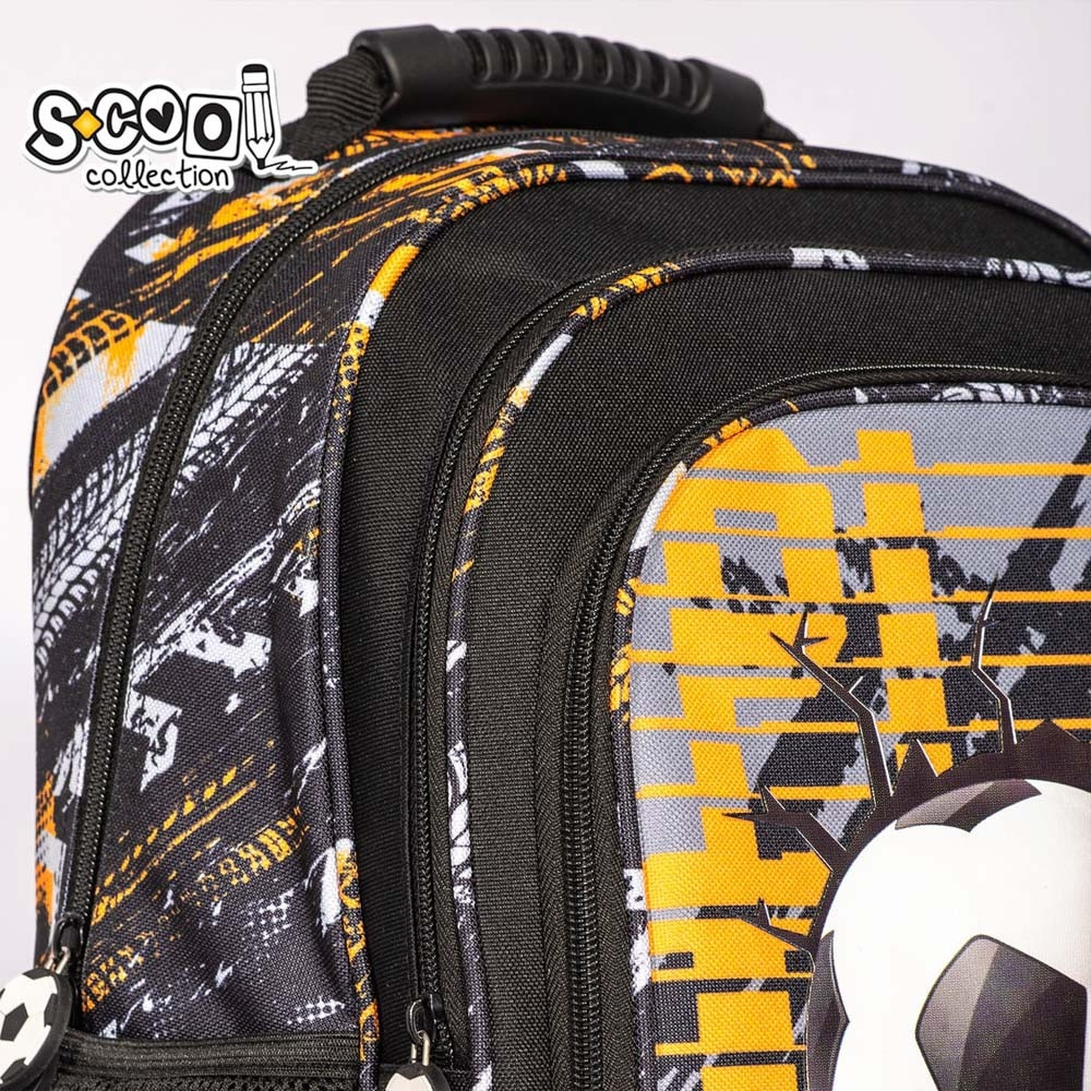 Ghiozdan imprimeu fotbal, ergonomic, compartiment principal cu 2 cursoare, buzunare laterale, poliester 600D - imagine 11