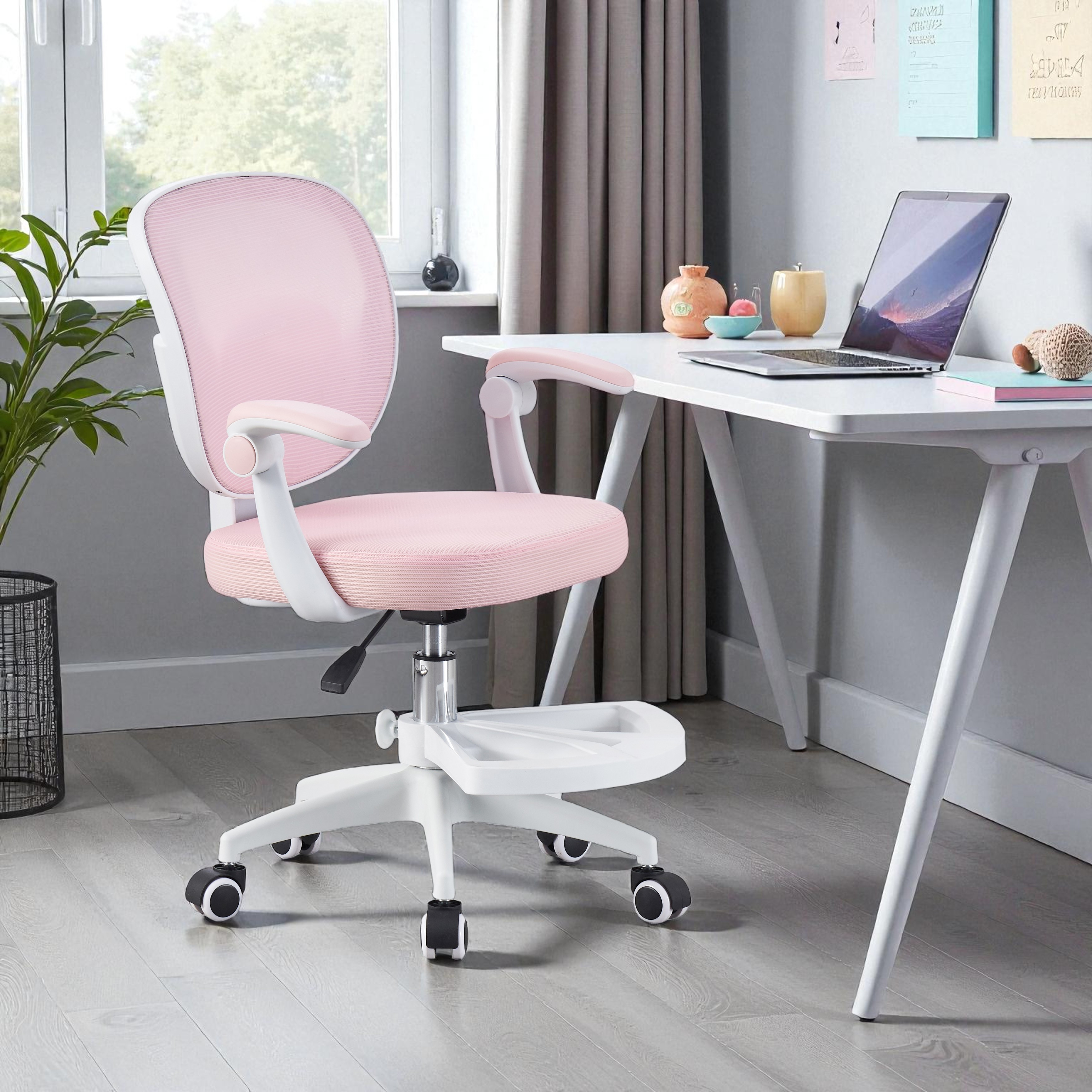 Scaun ergonomic de birou pentru copii, inaltime reglabila 78-90 cm, suport picioare, mesh roz