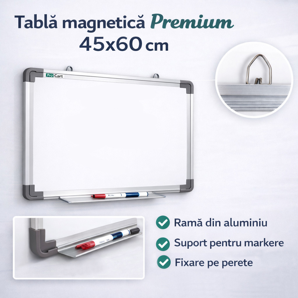 Tabla magnetica 45x60 cm, rama de aluminiu, alba, tavita suport marker - imagine 2