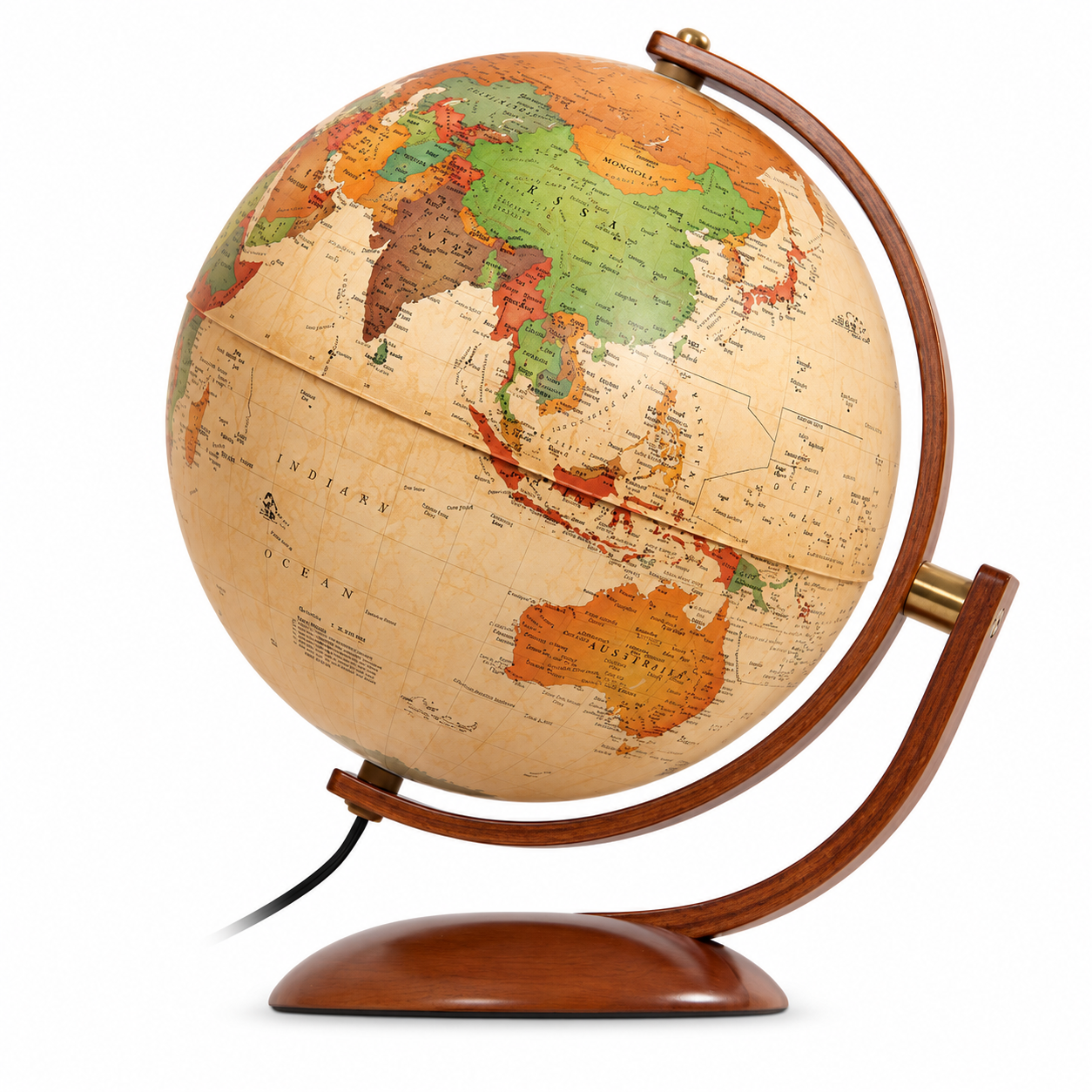 Glob geografic iluminat Optimus 30 cm – rotire in 2 planuri, harta politica, suport lemn cires