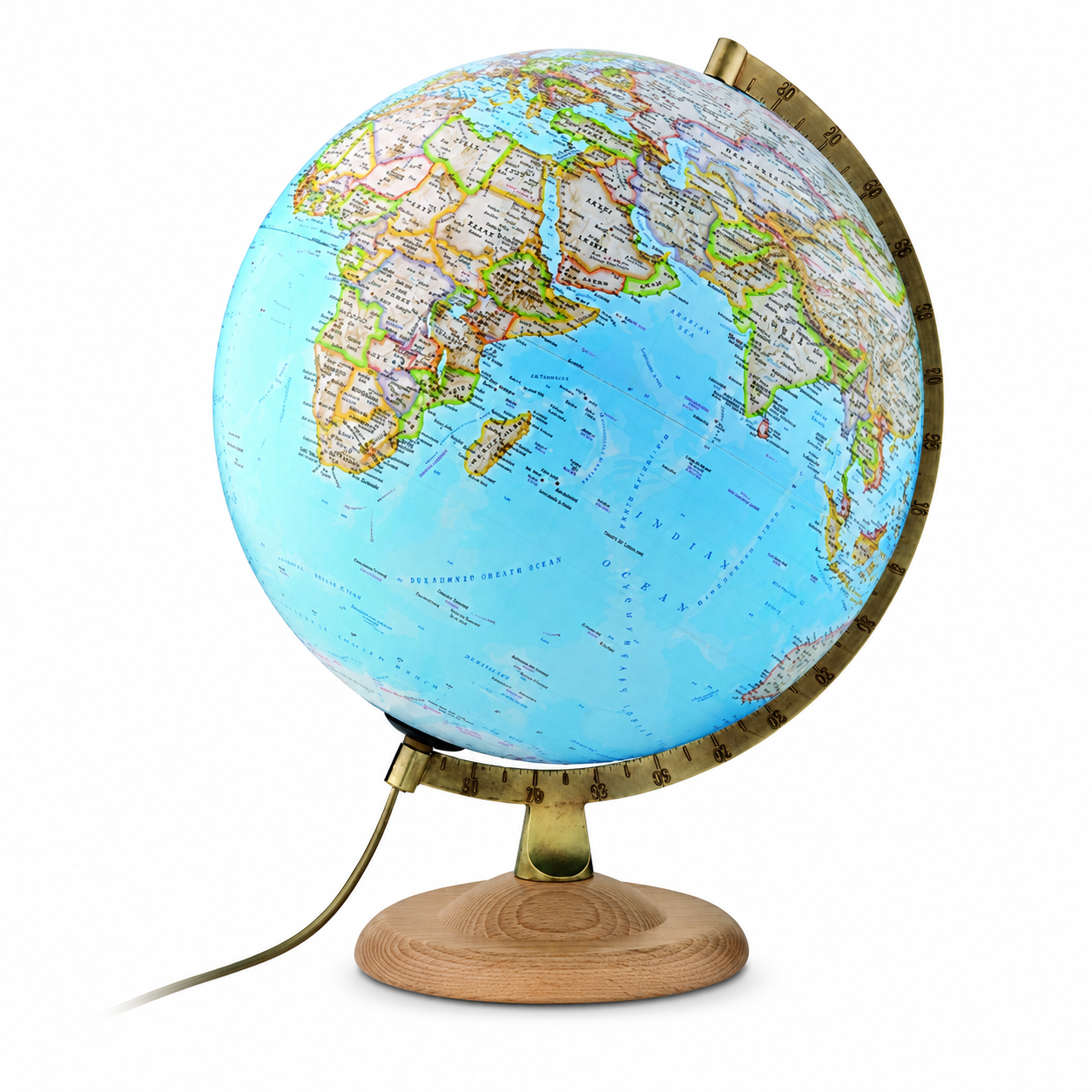 Glob geografic iluminat Gold Clasic 30 cm – harta fizica si politica, suport din lemn de fag