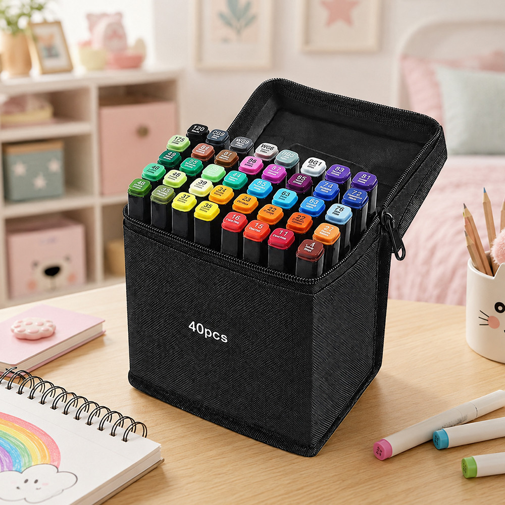Set 40 markere multicolore cu 2 capete pentru scriere, geanta depozitare inclusa