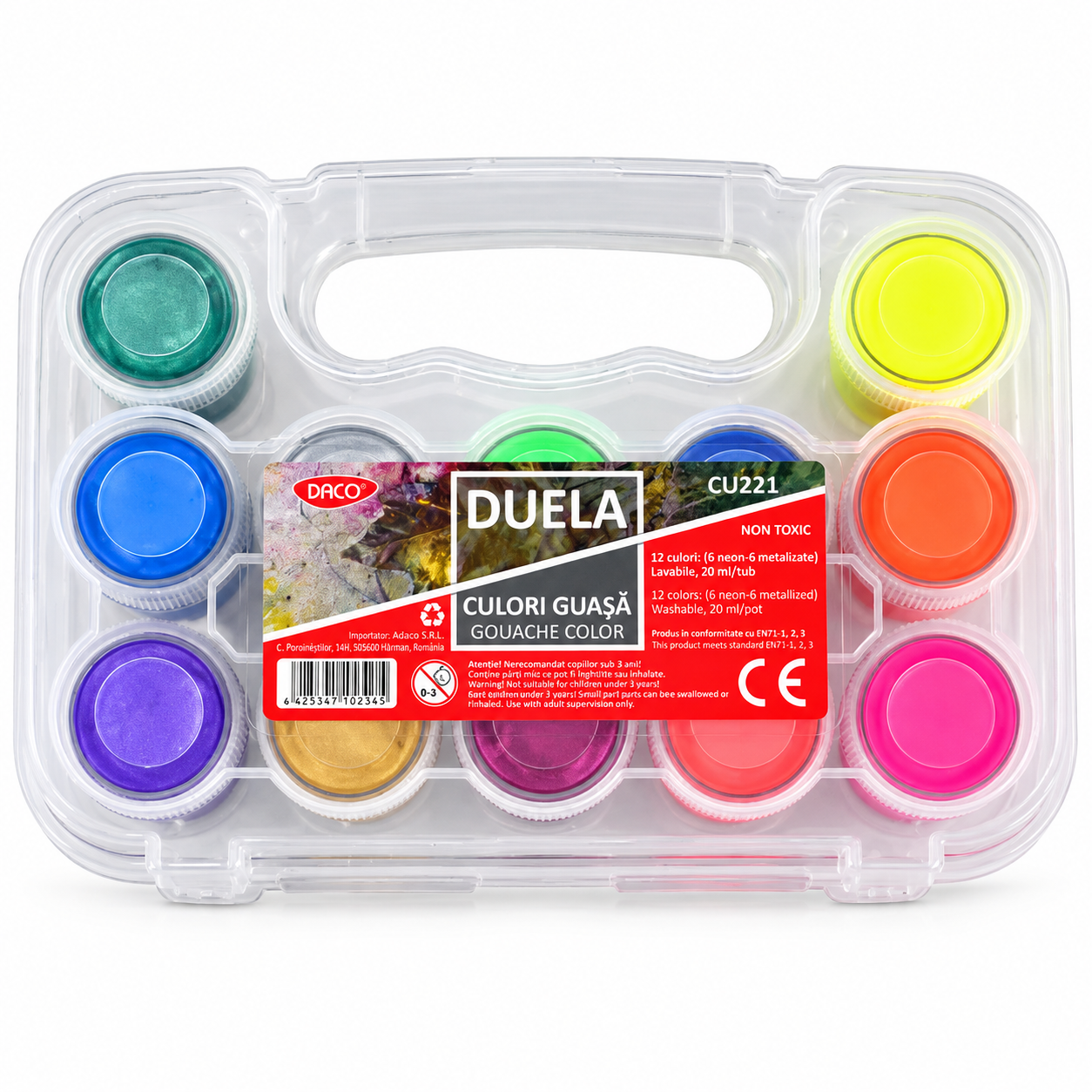Culori guasa pentru pictura, Duela, 6 neon + 6 metalizate, set 12 culori x 20 ml, DACO