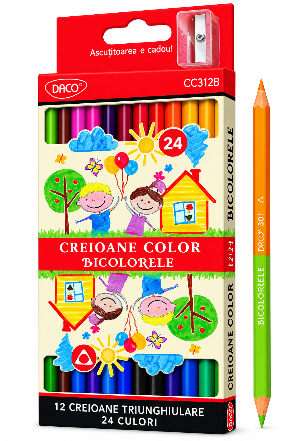 Creioane bicolore in 24 culori, cu ascutitoare, DACO