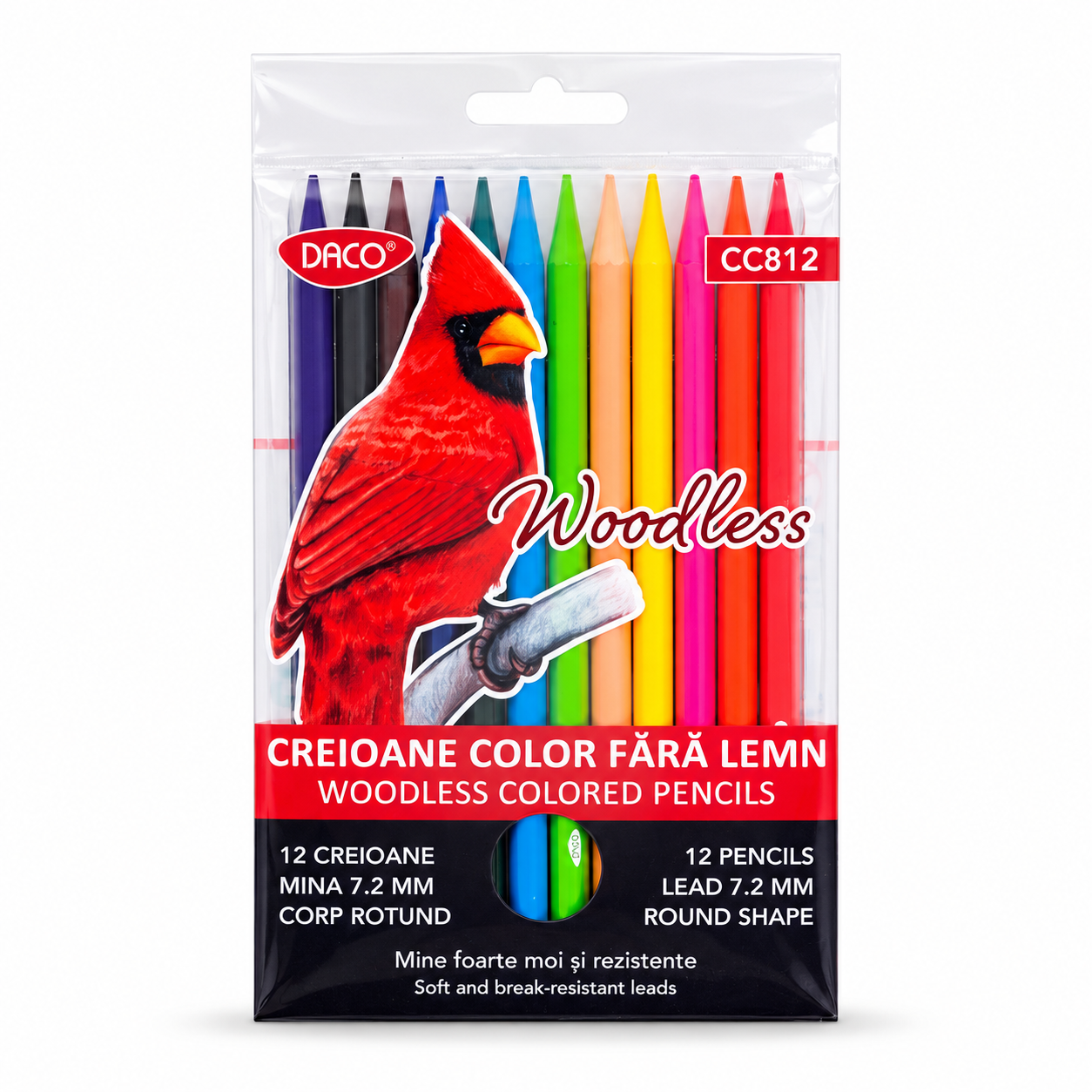 Creioane colorate fara lemn in 12 culori pentru desen, DACO