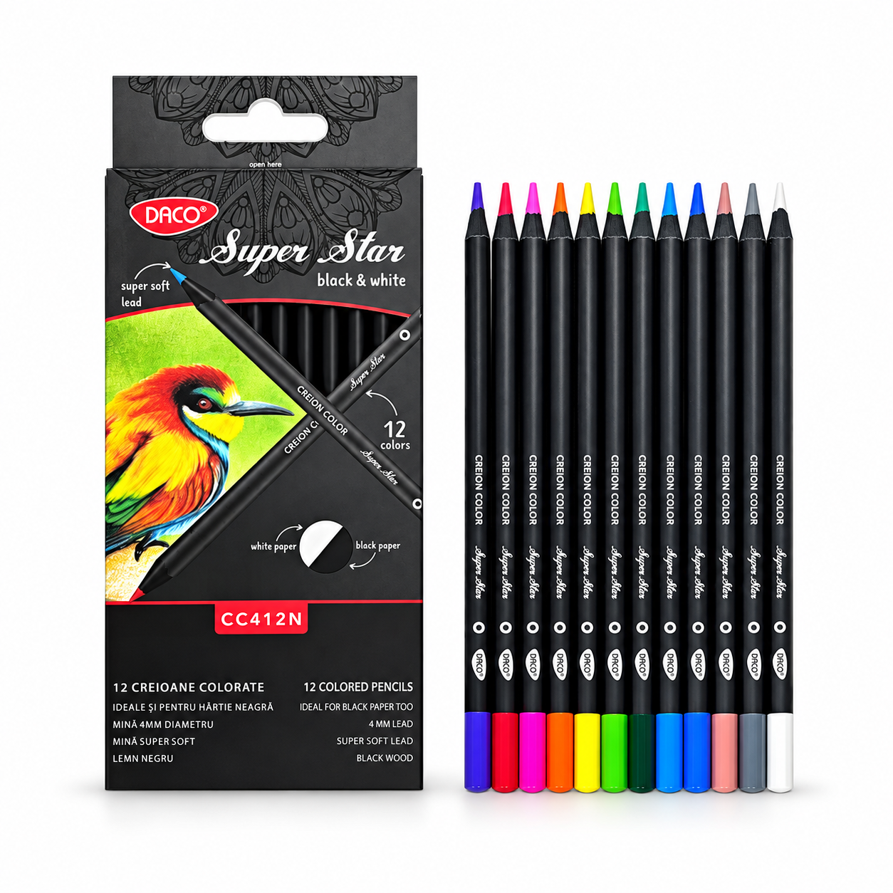Creioane colorate Black&White in 12 culori pentru hartie neagra, DACO