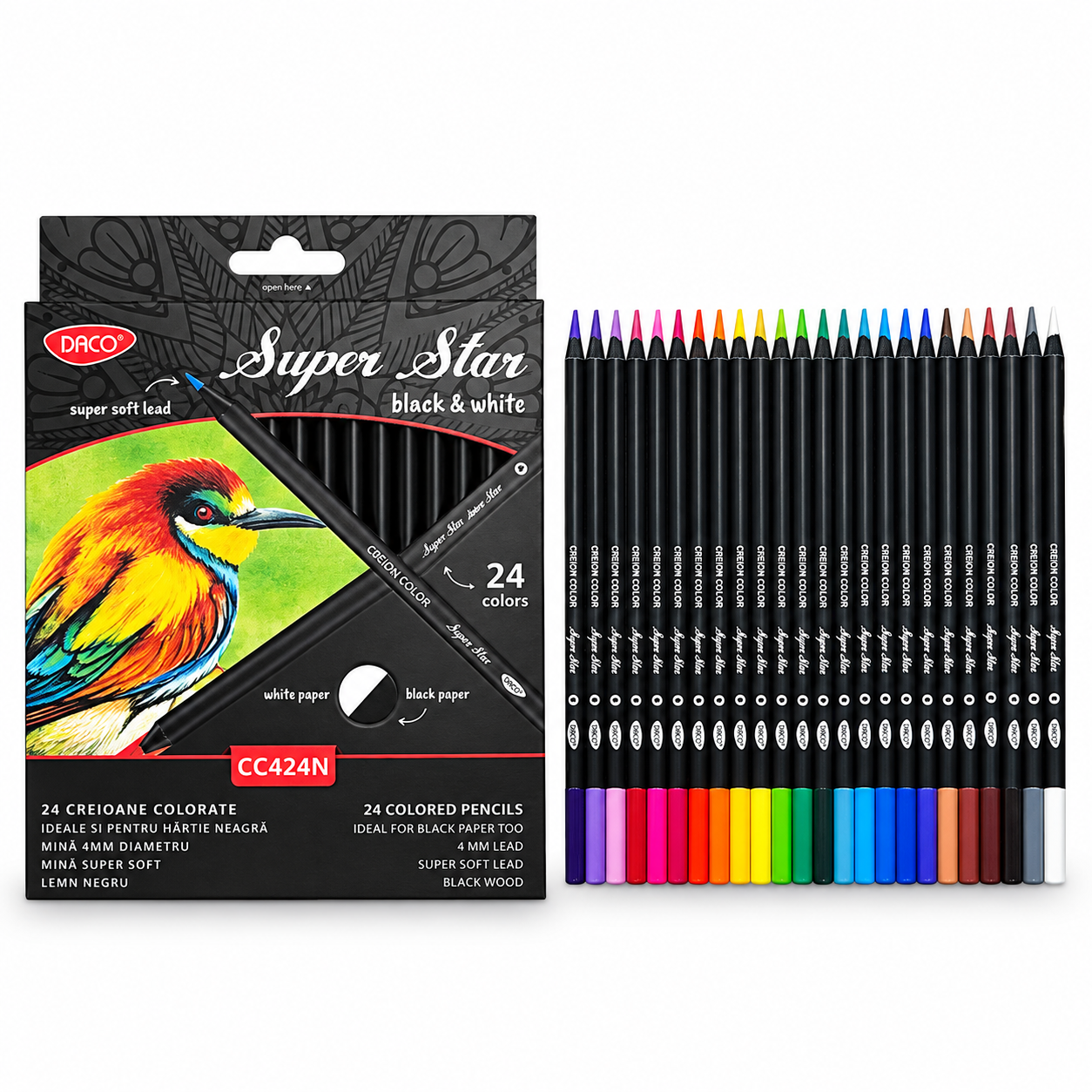 Creioane colorate Black&White in 24 culori pentru hartie neagra, DACO