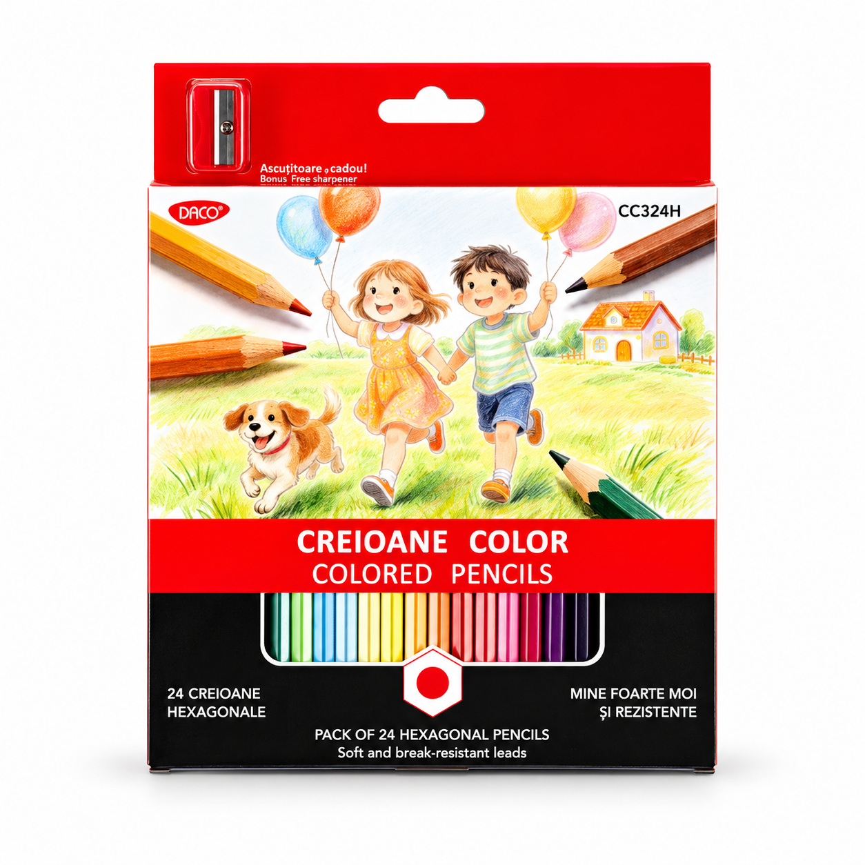 Creioane colorate in 24 culori, cu ascutitoare, DACO