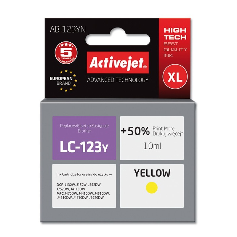 Cartus compatibil LC123 yellow pentru Brother, Premium Activejet, Garantie 5 ani