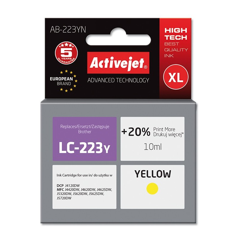 Cartus compatibil LC223 Yellow pentru Brother, Premium Activejet, Garantie 5 ani