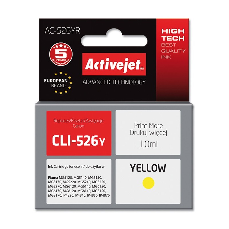 Cartus compatibil Canon CLI-526Y Yellow, 10 ml, Premium Activejet, Garantie 5 ani