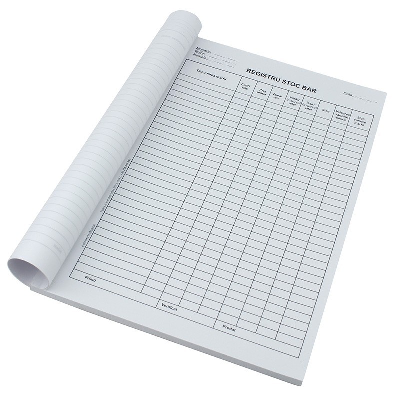 Registru stoc bar, format A4 RS, bloc 100 file Registru stoc bar, format A4 RS, bloc 100 file