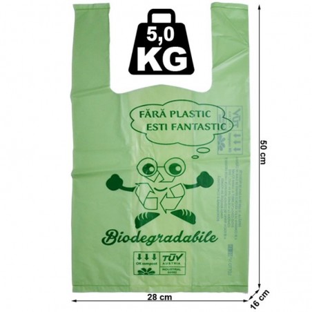 Pungi biodegradabile verzi, tip maieu,  28X50X16 cm, 5 kg, set 10 bucati