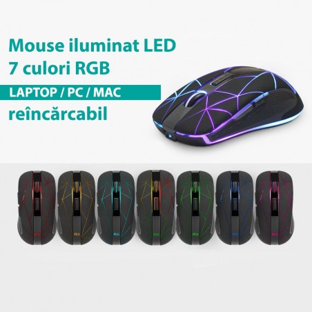 Mouse optic Wireless reincarcabil, iluminat LED, USB, 1600 DPI, 5 butoane, Rii