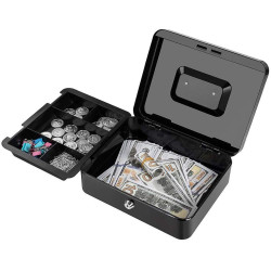 Caseta bani si valori din metal, 2 chei, 6 compartimente, maner, negru