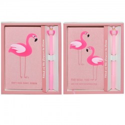 Set jurnal si pix Flamingo, coperta material textil, cutie depozitare, roz