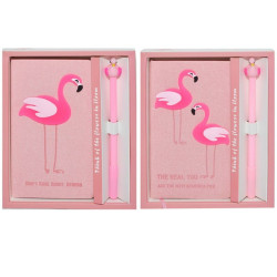 Set jurnal si pix Flamingo, coperta material textil, cutie depozitare, roz