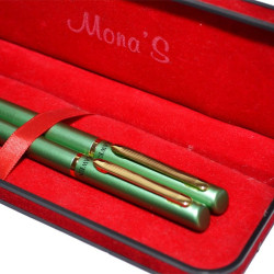 Set stilou si pix in etui, corp metalic sidefat, ornamente aurii