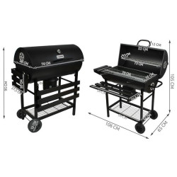 Gratar BBQ Grill pe carbuni, capac cu termometru, 2 rafturi pliabile, roti