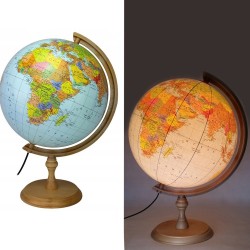 Glob pamantesc iluminat, diametru 32 cm, harta politica, fus orar, suport lemn