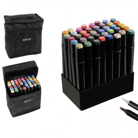 Set 40 markere colorate duble, scriere si evidentiere, geanta depozitare