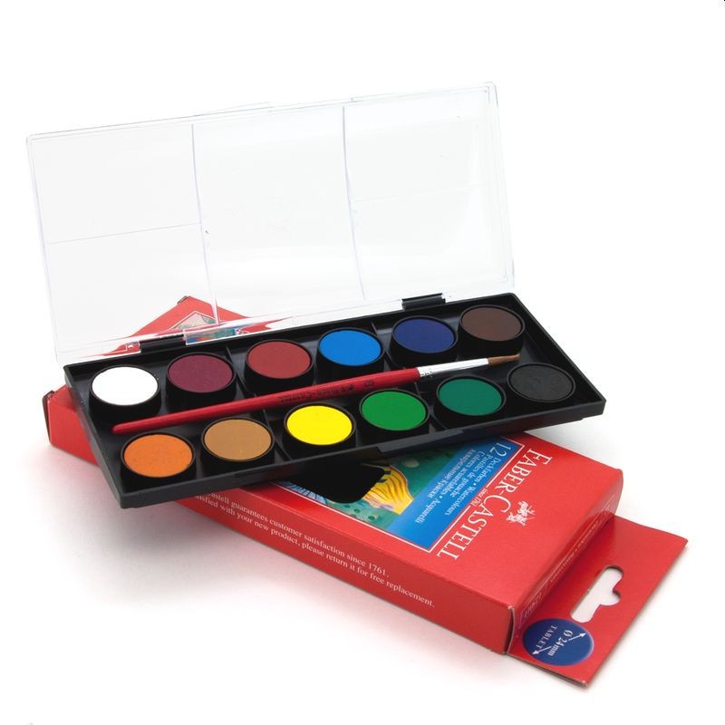 Acuarele 12 culori vibrante, 24 mm, pensula inclusa, Faber Castell