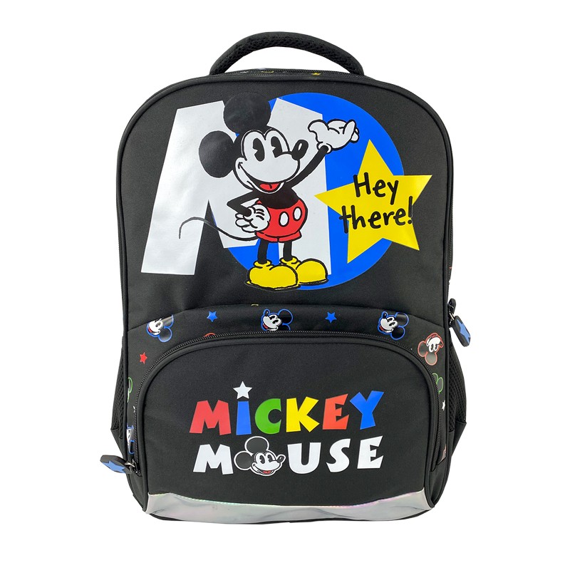 Ghiozdan Mickey Mouse negru, clasele 1-4, benzi reflectorizante pe bretele