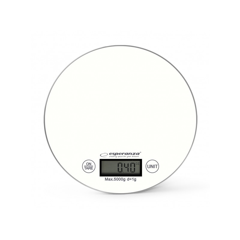 Cantar de bucatarie, afisaj LCD, indicator baterie descarcata, functie tara, 20 x 20 x 2.6 cm, alb