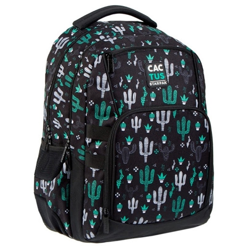 Ghiozdan imprimeu Cactus, model unisex, 2 compartimente, negru, 43,5x30x20 cm