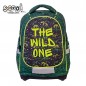 Ghiozdan The wild one, imprimeu colorat, 3 fermoare, buzunare laterale, verde