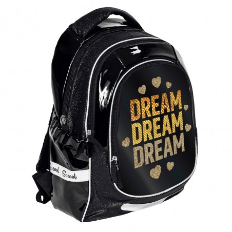 Ghiozdan imprimeu DREAM, clasele primare, compartimentare eficienta, negru